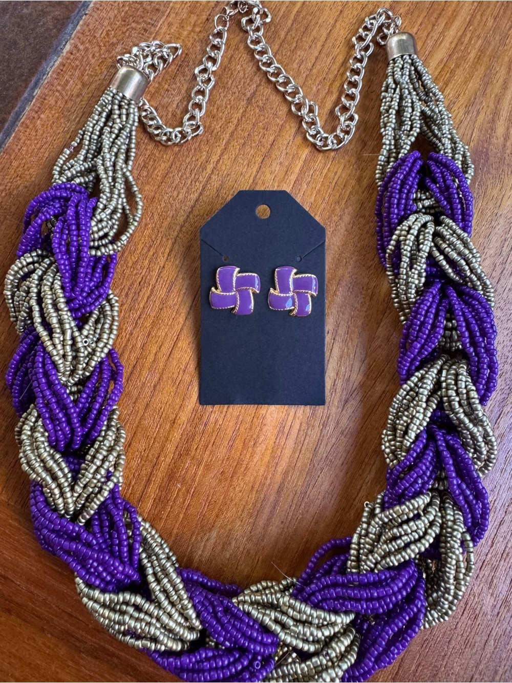 Purple and Gold Beaded Braided Necklace with Purple Stud Earrings